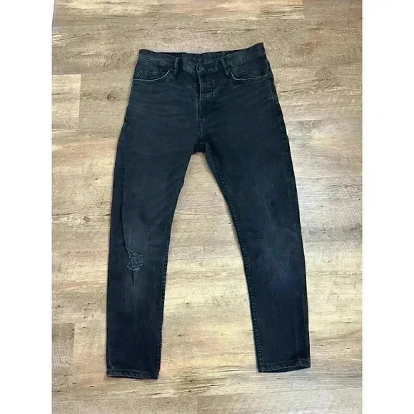 AllSaints Cigarette Button Fly Black Jeans Distressed 32 Skinny Leg Grunge - Picture 1 of 11